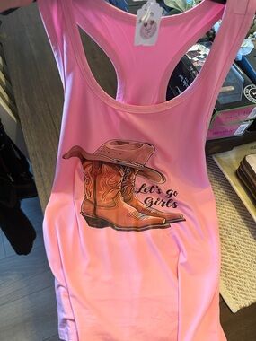 Pink Tank Top with Cowboy Boots Graphic - "Let's Go Girls"